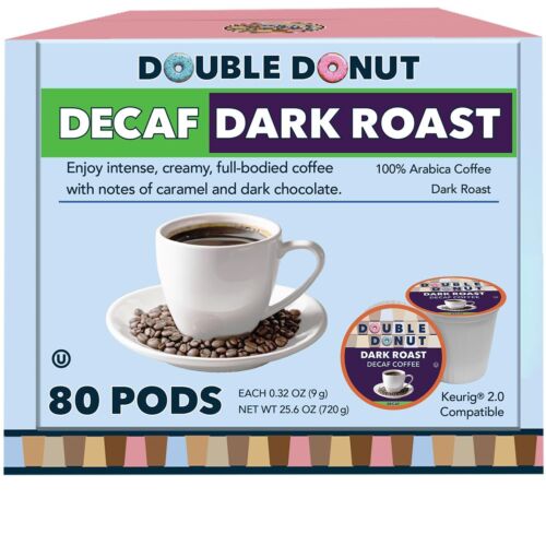 Double Donut Decaf Dark Roast Coffee Keurig K Cups - 80 Count, Best By 4/26