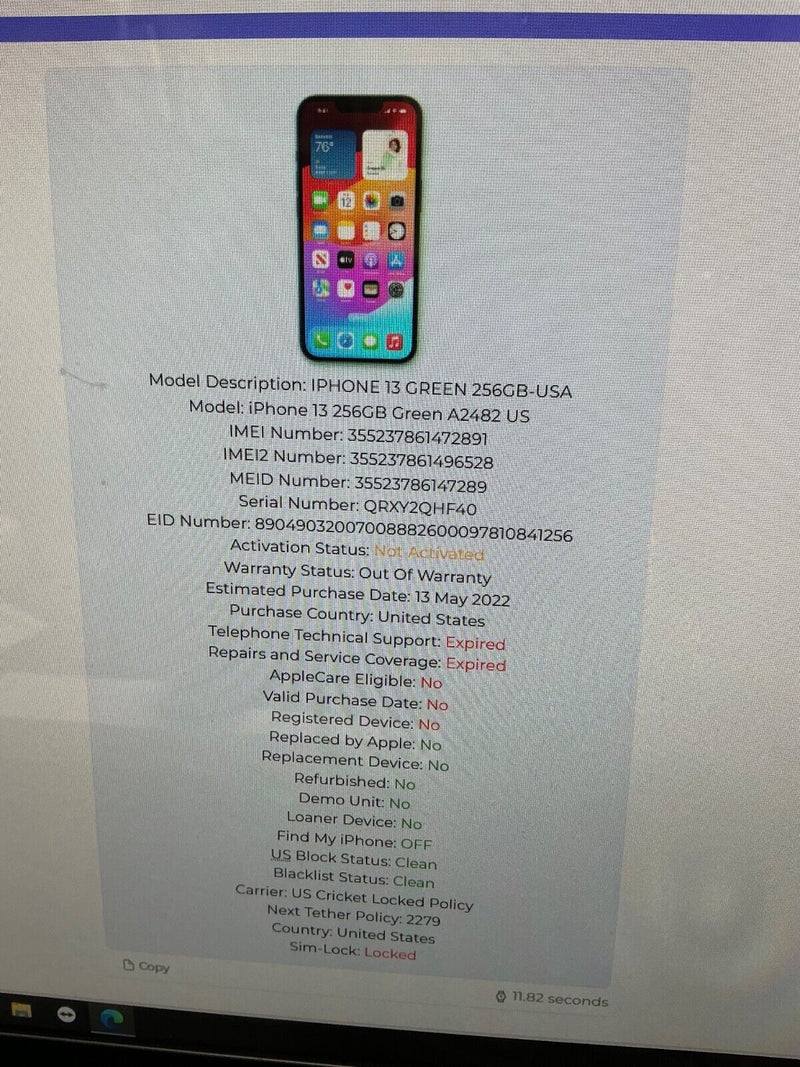 Apple iPhone 13 5G A2482 256GB GREEN NEW IN BOX SEALED locked to US Cricket plan