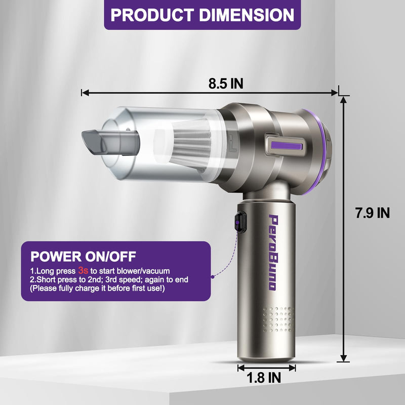 PeroBuno Mini Car Vacuum Cleaner, High Power 18KPa, Handheld Vacuum Cordless Rechargeable, 35mins Runtime, 3-Gear, 2-in-1 Compressed Air Duster - Electric Canned Air - Portable Hand Held Vacuum