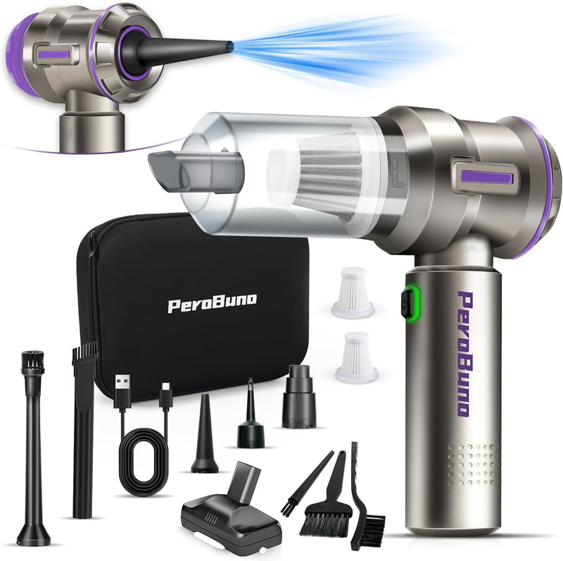 PeroBuno Mini Car Vacuum Cleaner, High Power 18KPa, Handheld Vacuum Cordless Rechargeable, 35mins Runtime, 3-Gear, 2-in-1 Compressed Air Duster - Electric Canned Air - Portable Hand Held Vacuum
