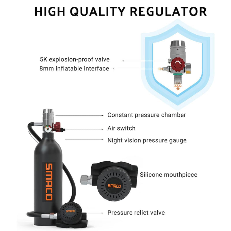 Scuba Tank 1L Mini Scuba Tank Support About 15 Minutes Underwater Breathing(No More Than 33ft) Scuba Diving Accessories Diving Oxygen Tanks for Water Rescue/Diving Sightseeing/Backup Air Source, Black