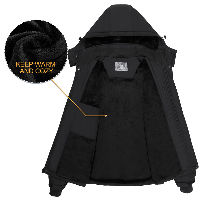 CAMEL CROWN Men's Mountain Snow Waterproof Ski Jacket Detachable Hood Windproof Fleece Parka Rain Jacket Winter Coat Black 2XL - Like New