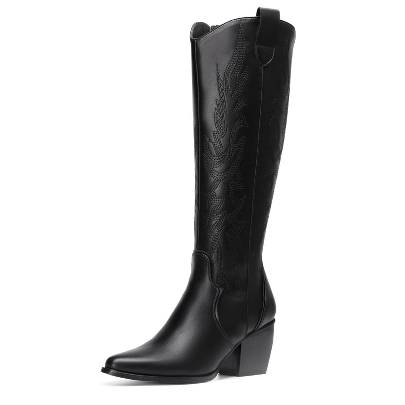 DREAM PAIRS Womens Cowboy Boots US SIZE 8 Comfortable Pull On Zipper Chunky Heel Pointed Toe Embroidered Western Cowgirl Knee High Boots Girls Ladies Retro Tall Boot