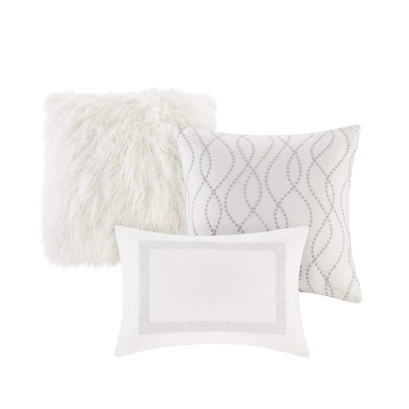 Madison Park Signature Hollywood Glam Cozy Comforter Set - All Season Bedding Combo Filled Insert and Removable Duvet Cover, Shams, Decorative Pillows, Metallic White King(110"x96") 10 Piece - Very Good