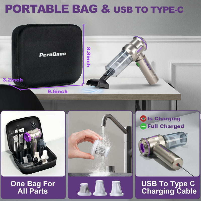 PeroBuno Mini Car Vacuum Cleaner, High Power 18KPa, Handheld Vacuum Cordless Rechargeable, 35mins Runtime, 3-Gear, 2-in-1 Compressed Air Duster - Electric Canned Air - Portable Hand Held Vacuum