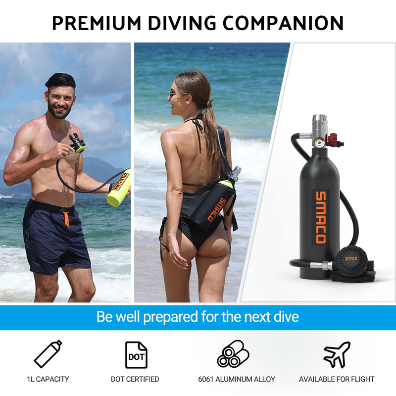 Scuba Tank 1L Mini Scuba Tank Support About 15 Minutes Underwater Breathing(No More Than 33ft) Scuba Diving Accessories Diving Oxygen Tanks for Water Rescue/Diving Sightseeing/Backup Air Source, Black