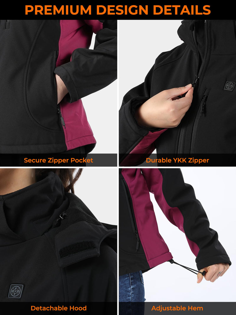 ORORO Women's Slim Fit Heated Jacket with Battery Pack and Detachable Hood (Black/Purple,L)
