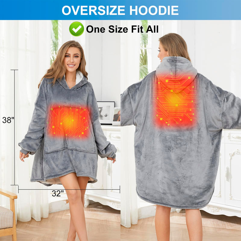 Heated Wearable Blanket Hoodie | Oversized Design | with Battery Pack 7.4V | Sherpa & Fannel Fleece - Like New