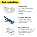 SGULLER Packaging Strapping Banding Tensioner Tools Kit, 3/4" x 100 Feet 304 Stainless Steel Banding Coil, 100 Pieces Ear-Lokt Buckles. Complete Packaging Strapping Solution