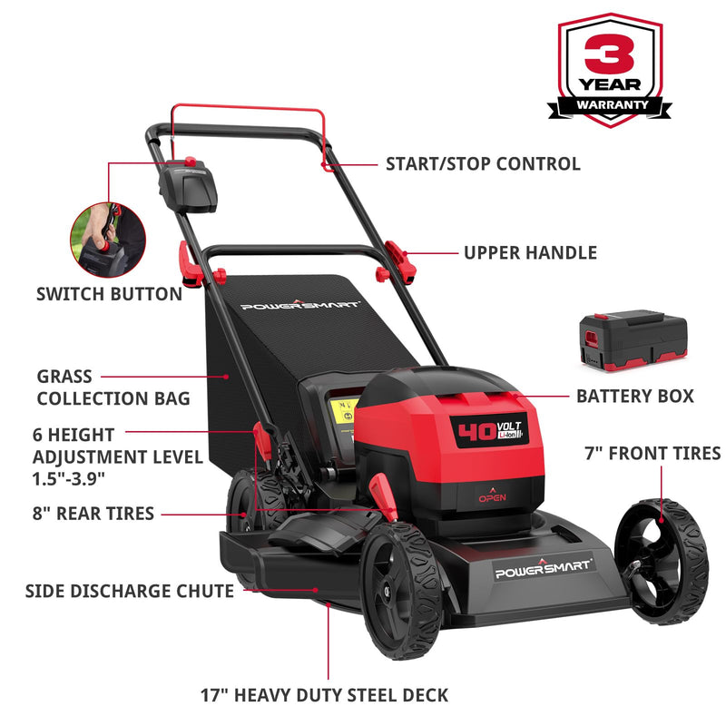 PowerSmart Electric Cordless Lawn Mower 17" 40V, 3-in-1 Brushless Push Lawn Mower, Lightweight, Foldable Handles - Very Good
