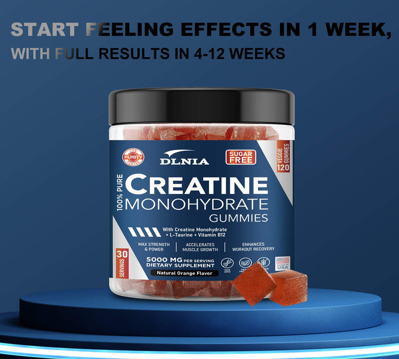 DLNIA 120 Creatine Monohydrate Gummies for Men & Women, Vegan-Friendly, Sugar-Free, & Tasty Chewables - Instantized Creatine Gummies (120 Count (Pack of 1), Orange)