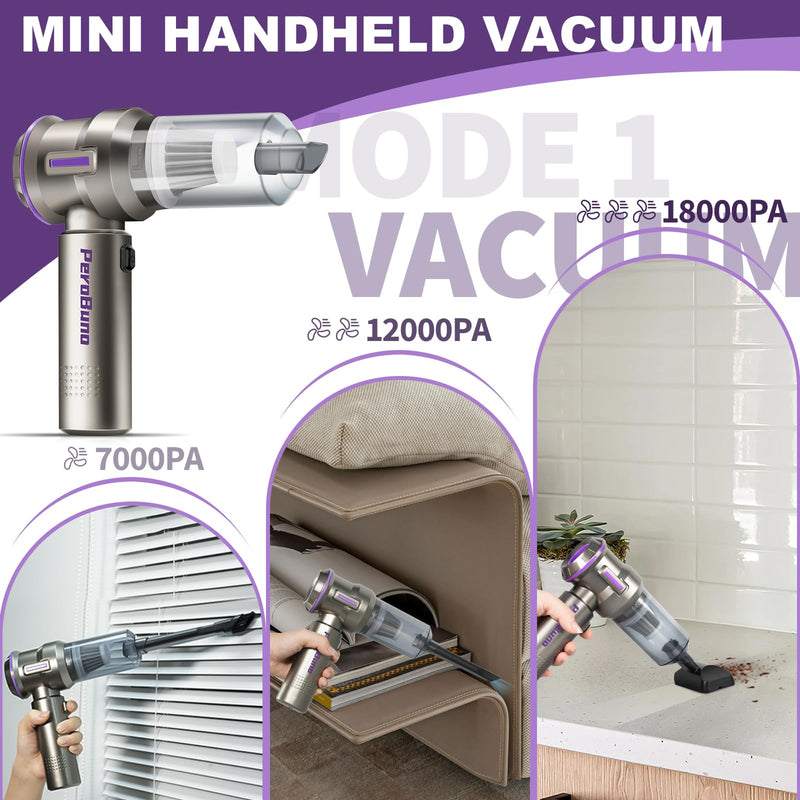 PeroBuno Mini Car Vacuum Cleaner, High Power 18KPa, Handheld Vacuum Cordless Rechargeable, 35mins Runtime, 3-Gear, 2-in-1 Compressed Air Duster - Electric Canned Air - Portable Hand Held Vacuum
