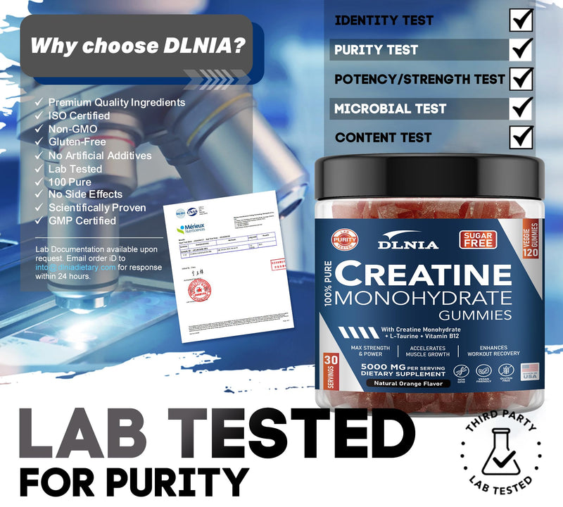 DLNIA 120 Creatine Monohydrate Gummies for Men & Women, Vegan-Friendly, Sugar-Free, & Tasty Chewables - Instantized Creatine Gummies (120 Count (Pack of 1), Orange)