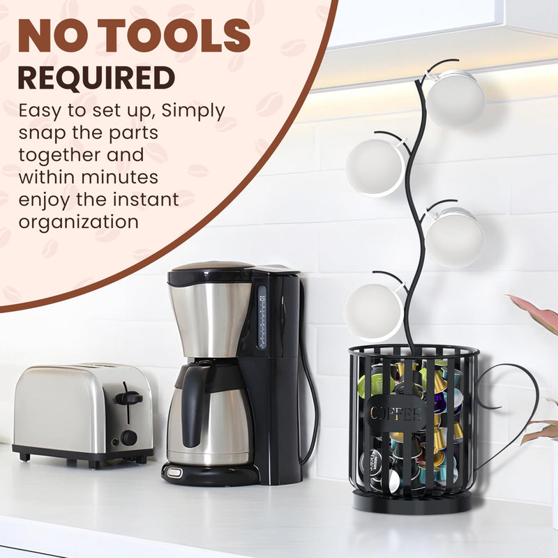 Coffee Pod Holder with Mug Holder Tree, K Cup Holder with Attachable Mug Tree, Coffee Pods Organizer with Mug Rack, Countertop Organizer, Coffee Pod Storage and Mug Organizer