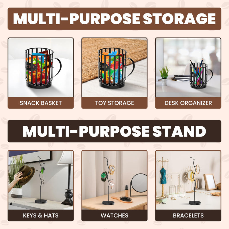 Coffee Pod Holder with Mug Holder Tree, K Cup Holder with Attachable Mug Tree, Coffee Pods Organizer with Mug Rack, Countertop Organizer, Coffee Pod Storage and Mug Organizer