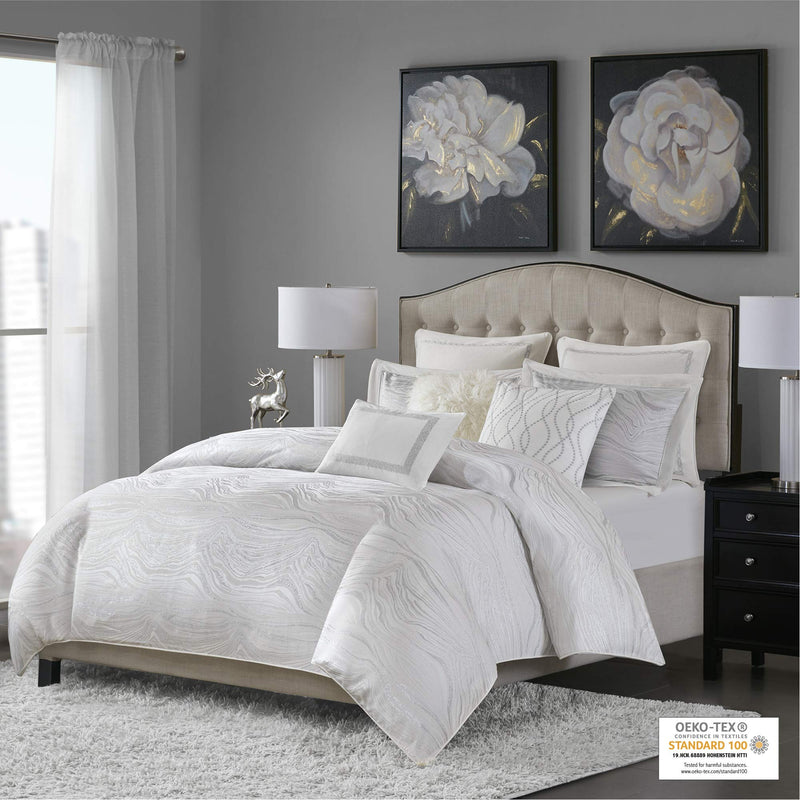 Madison Park Signature Hollywood Glam Cozy Comforter Set - All Season Bedding Combo Filled Insert and Removable Duvet Cover, Shams, Decorative Pillows, Metallic White King(110"x96") 10 Piece - Very Good