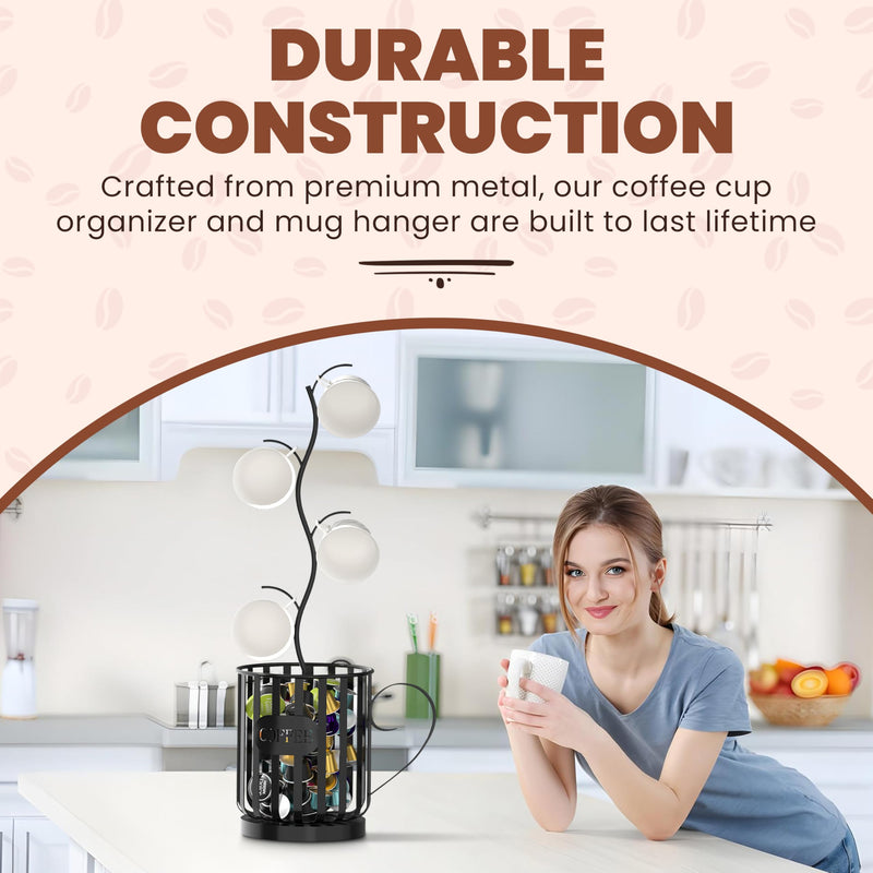 Coffee Pod Holder with Mug Holder Tree, K Cup Holder with Attachable Mug Tree, Coffee Pods Organizer with Mug Rack, Countertop Organizer, Coffee Pod Storage and Mug Organizer