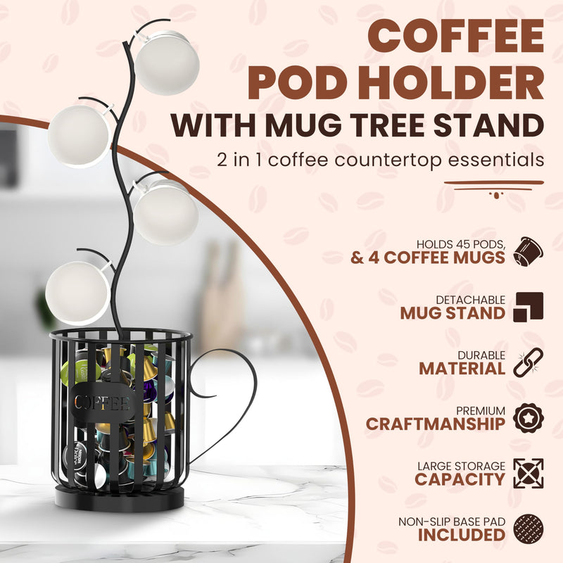 Coffee Pod Holder with Mug Holder Tree, K Cup Holder with Attachable Mug Tree, Coffee Pods Organizer with Mug Rack, Countertop Organizer, Coffee Pod Storage and Mug Organizer
