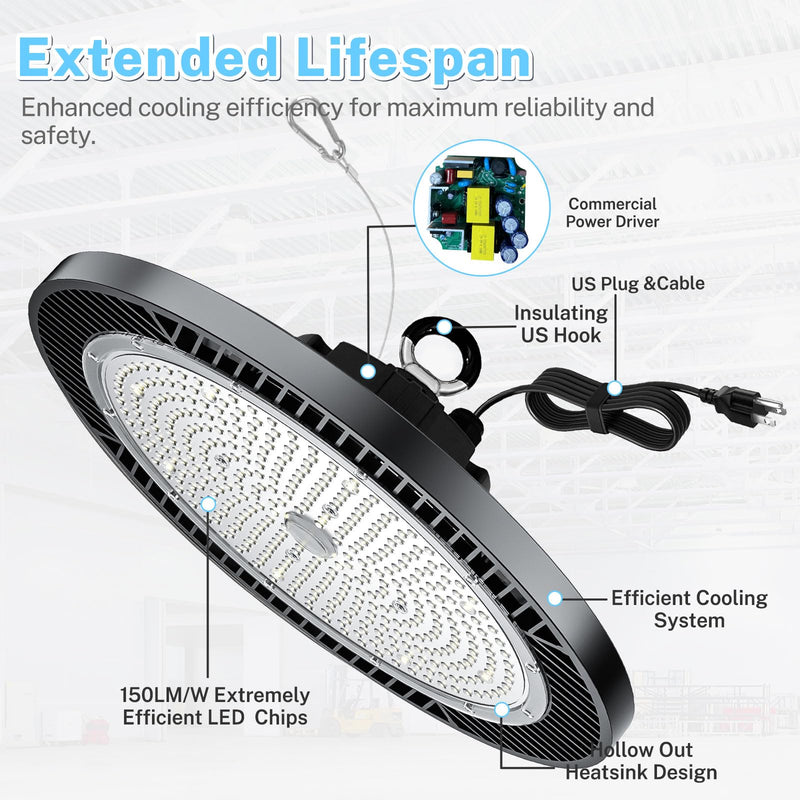 6 PACK UFO Led High Bay Light 150W High Brightness 5000K US Plug Workshop Garage Warehouse