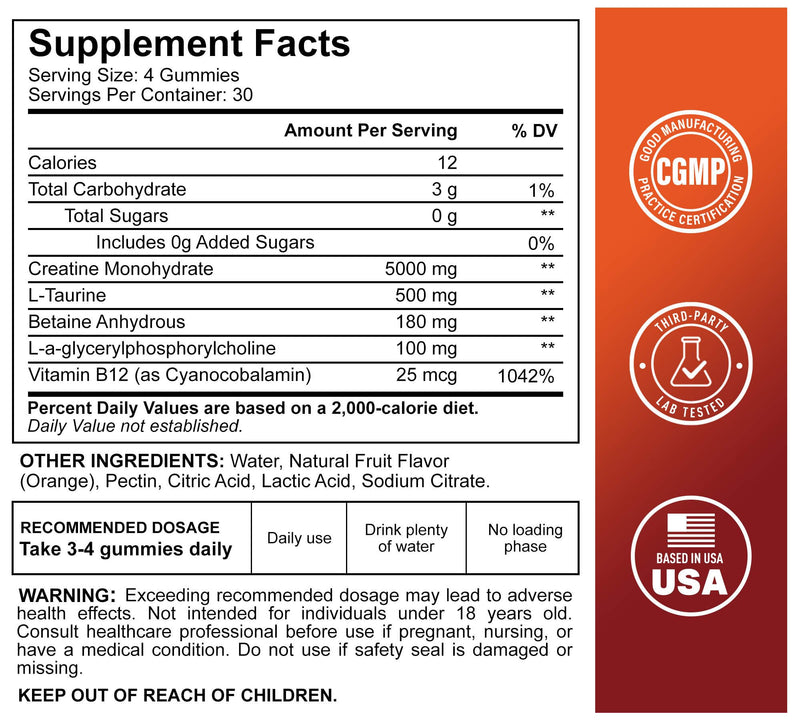 DLNIA 120 Creatine Monohydrate Gummies for Men & Women, Vegan-Friendly, Sugar-Free, & Tasty Chewables - Instantized Creatine Gummies (120 Count (Pack of 1), Orange)