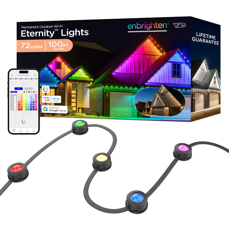 Enbrighten Eternity Permanent Outdoor Lights, 100ft, 72 RGBW IC LEDs, Black Eave Lights, Halloween Decor, Christmas Lights, Everyday Accent Lights, IP67 Waterproof, Works with Alexa, Google Home, 82730