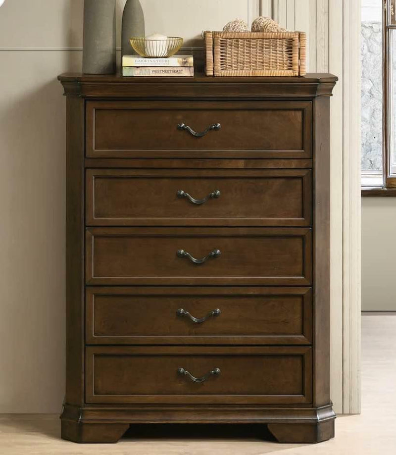 Maderne Traditional Wood 5-Drawer Chest, Antique Walnut Finish