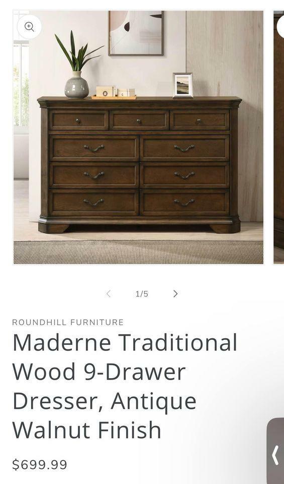 Maderne Traditional Wood 9-Drawer Dresser, Antique Walnut Finish bedroom wooden furniture