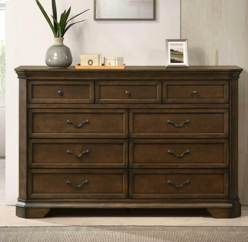 Maderne Traditional Wood 9-Drawer Dresser, Antique Walnut Finish bedroom wooden furniture