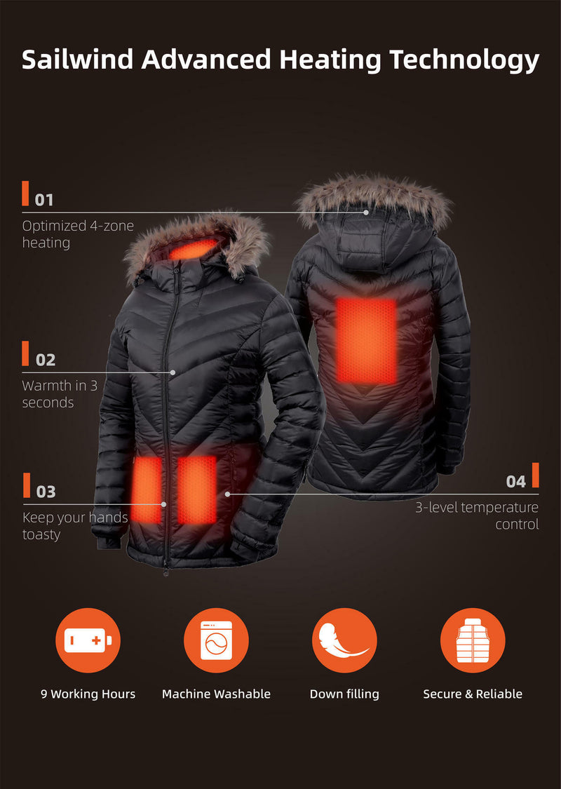 Sailwind Women's Heated Down Jacket with Battery Pack,3-Level Temperature Control Detachable Hood Heated Jacket For Women (Black,M) - Like New
