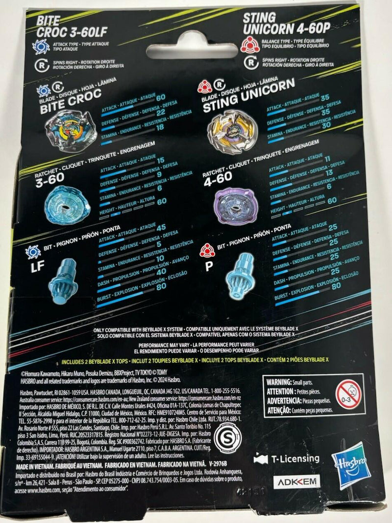 Beyblade X Bite Croc 3-60LF and Sting Unicorn 4-60P Top Dual Pack Set